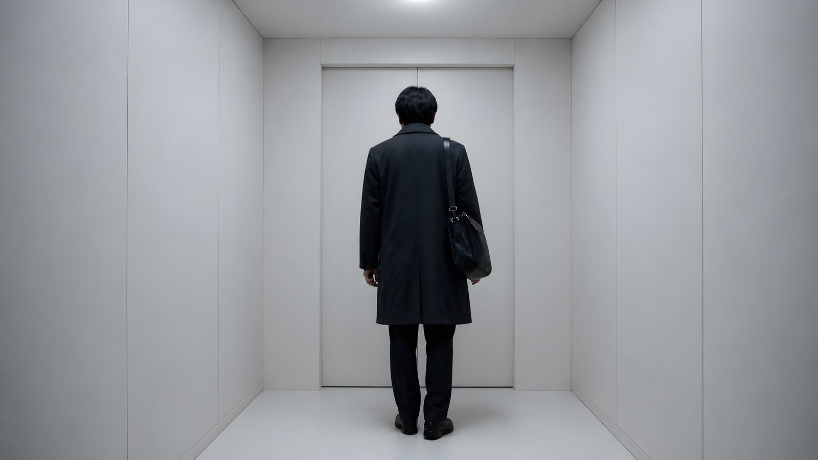 白いエレベーターの中に一人で立つ人の後ろ姿