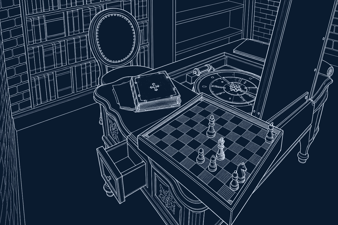 脱出ゲームの仕掛け台(チェス盤の机)の線画