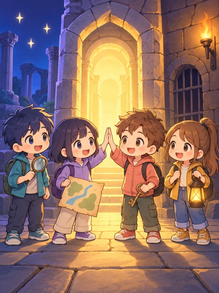 2組のお客様が謎解きの扉の前でハイタッチするイラスト
